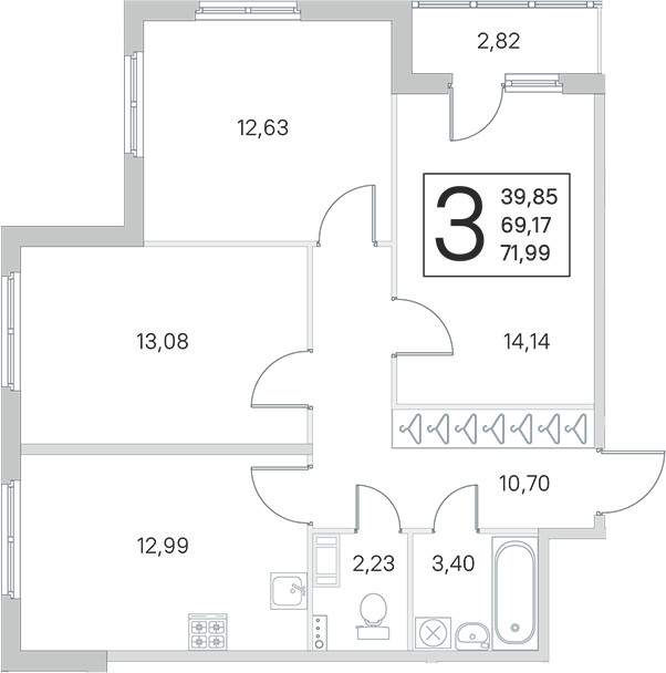 3-комнатная квартира 69.17 м², 2/4 эт., ЖК «Любоград в Стрельне»